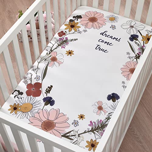 Image of NoJo Keep Blooming Pink, White, Purple and Gold 'Dreams Come True' Wild Flowers 100% Cotton Photo Op Nursery Fitted Crib Sheet