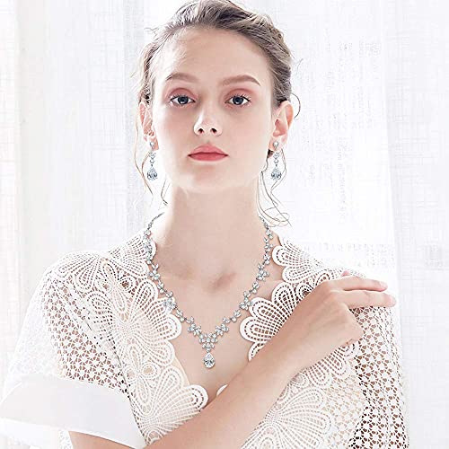 Hadskiss Jewelry Set For Women, White Gold Plated Wedding Party Jewelry For Bridal Bridesmaid, Necklace Dangle Earrings Set With White Aaa Cubic Zirconia #TOP4