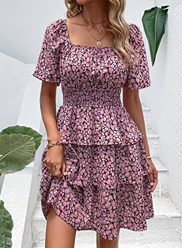 Image of PRETTYGARDEN Women's Summer Floral Ruffle Short Dress | Short Sleeve Square Neck, Flowy Tiered Hem, Fit and Flare, Flower Boho Dresses, Cute Beach Vacation Outfits, Fashion Clothing