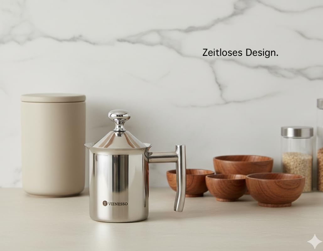 Milchaufschäumer manuell aus Edelstahl I Hand Milchschäumer mit Doppel-Mesh-Sieb für cremigen Milchschaum I 400 ml Milk Frother für Cappuccino & Latte – spülmaschinenfest inkl. Barista E-Book