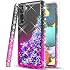 STARSHOP متوافق مع حافظة Samsung Galaxy S21 FE، مع [واقي شاشة من الزجاج المقسى متضمن] غطاء هاتف سائل لامع عائم من الرمال المتحركة للفتيات والنساء لطيف - أسود/وردي