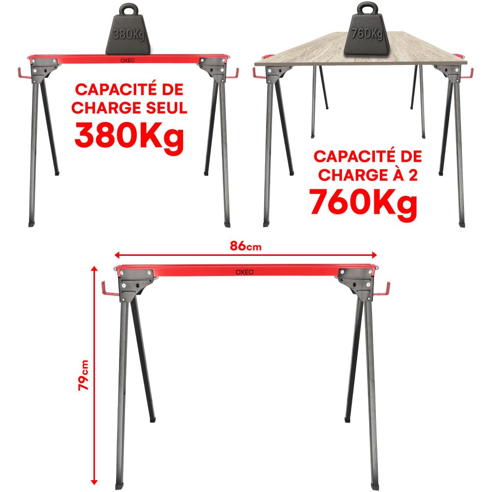 Lot de 2 tréteaux pliables léger - Capacité 760kg - Métal - Tréteaux pour atelier et chantier - Largeur 86cm - Ht 79cm