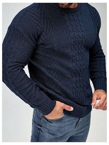 WDIRARA Men's Cable Knit Sweater Crew Neck Long Sleeve Pullover Casual Knitted Tops4