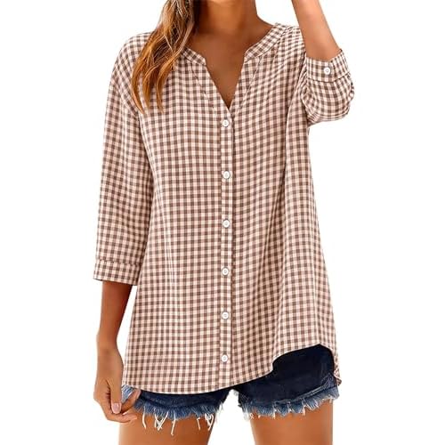 LOMON 3/4 Length Sleeve Tops Women Cotton Gingham Stripe Button Down Shirts