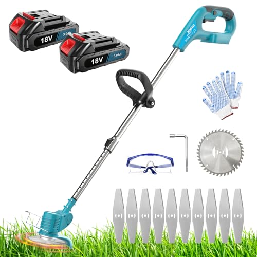 Cortacésped con batería, 2 en 1, con cabezal giratorio de 90°, mango telescópico con 2 baterías de 3,0 Ah, 2 hojas de sierra para cortar césped, cuidado del césped, entrada y jardín