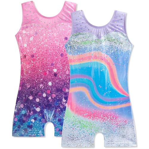 HOZIY 2 Pack Girls Gymnastics Leotards for Kids Toddlers Dance Outfits with Shorts Biketards Tumbling Clothes Sparkly 4-5T Mesh Strap Glitter Sequins