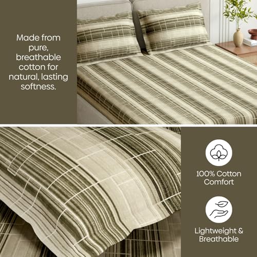 Image of haus & kinder Elastic Bedsheet for King Size Bed|144 TC Pure Cotton Elastic Fitted King Size Bedsheet with 2 Pillow Covers (72x78x10 Inches)-Green Linear Muse Green