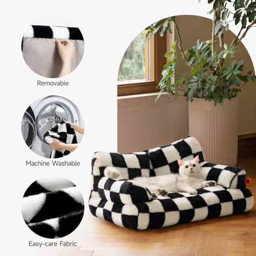 MEWOOFUN groß Katzenbett kleines Hundesofa Flauschig und waschbar Katzensofa Hundebett für Katzen, weich Katzenbett katzencouch mit Rutschfester Unterseite, Schachbrett 66x48cm