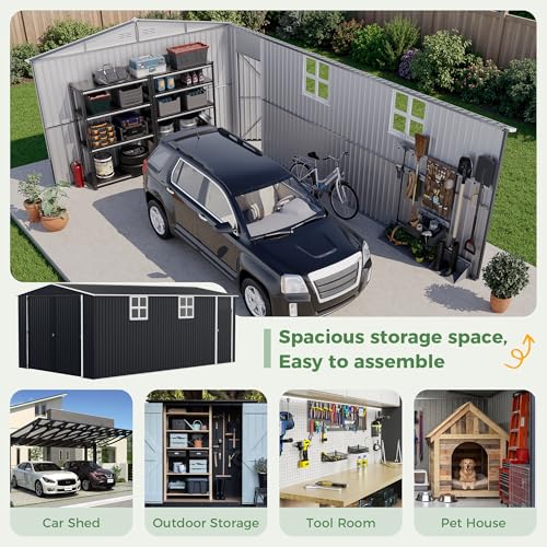Image of AirWire 12x20 FT Storage Shed, Large Metal Garden Shed with Double Lockable Doors, 2 Windows & Air Vents, Garage Car Shelter with Side Door for Backyard Garden Patio Lawn, Cars Trucks Boat, Black