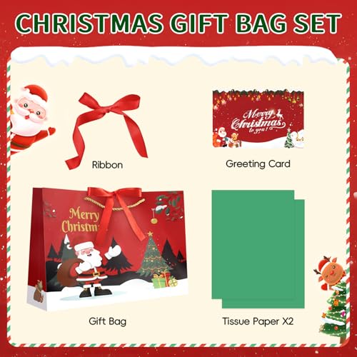 Image of JMANNI Christmas Gift Bags,1PCS Large christmas Gift Bag with Ribbon and 1 Greeting Card 2 Tissue Papers, Portable Paper Gift Bag with Handles, Reusable and Perfect For Your Xmas Presents （Red-Green）