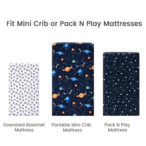 Image of PHF 3 Pack Soft Mini Crib Sheets, Space Silky Pack N Play Sheets for Baby Boys Girls Neutral, Universal Fit for Pack N Play, Playard, Portable and Mini Crib Mattresses, Space