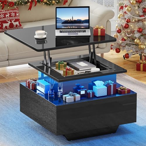 YITAHOME Table Basse Relevable, 60x60x45cm Table Basse Salon LED Moderne avec Surface Haut Brillant et 2 Tiroirs, pour Salon, Bureau