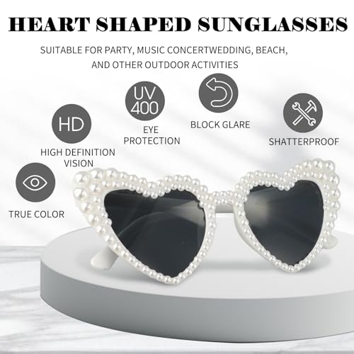 White Heart Sunglasses, Bride Sunglasses Wedding Accessories with Pearl Retro and Cute Suitable for Wedding Bachelor Party Gifts Can Be Used By Both Men and Women4