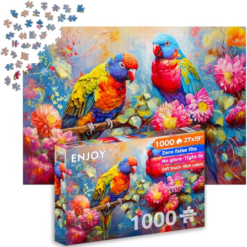 Puzzle 1000 pièces pour Adultes - Perroquets Arc-en-Ciel tropicaux et Fleurs | Finition Mate antireflet | Puzzle Amusant et exigeant | 68 x 48 cm | Cadeau Original | Enjoy
