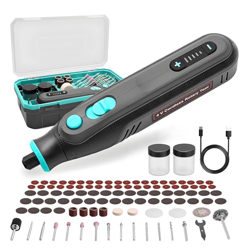 BlueMars Juego de herramientas giratorias inalámbricas de 4 V, kit de herramientas giratorias de 5 velocidades con 101 accesorios, herramienta giratoria eléctrica de carga tipo C para grabar, lijar
