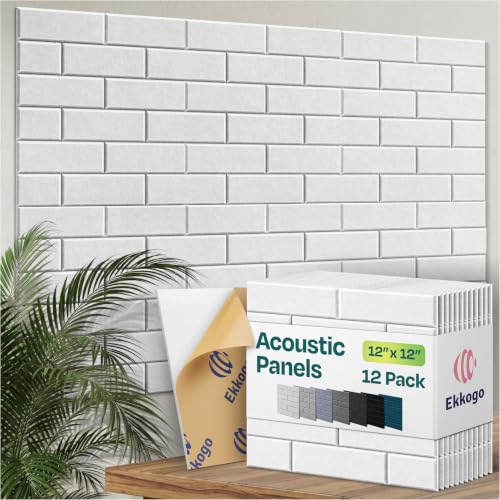 Image of Acoustic Wall Panels 12-Pack, 12 inchx12 inchx0.4 inch Decorative Self-Adhesive Sound Proofing | High Density 3D Brick Soundproof Absorbing Tiles for Walls, Home, Office & Studio - White