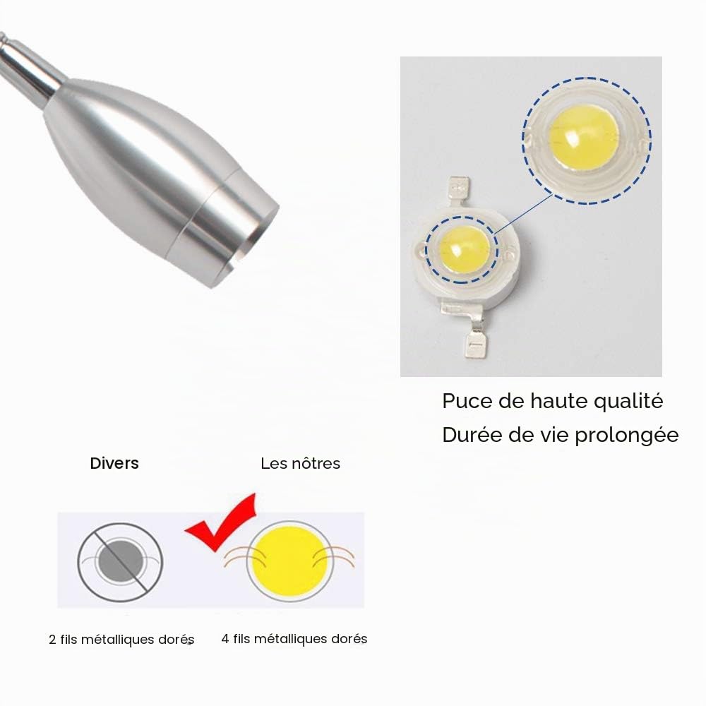 3W Lampe de lecture, Youngine Flexible 3W Lampe de chevet LED avec interrupteur et prise filaire, Applique murale col de cygne pour chambre à coucher, hôtel, bureau, 6000K (Argent-Blanc froid)