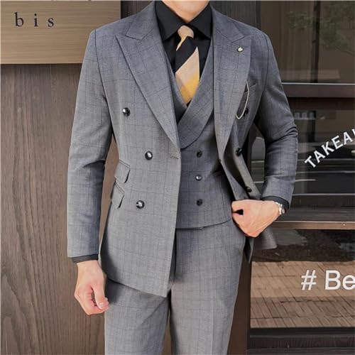 Adhdyuud Herren (Anzug + Weste + Hose) Hochzeitsanzug gekerbtes Revers Plaid Kleid 3/2 Teilig Slim Fit Anzug Set – Bild 3