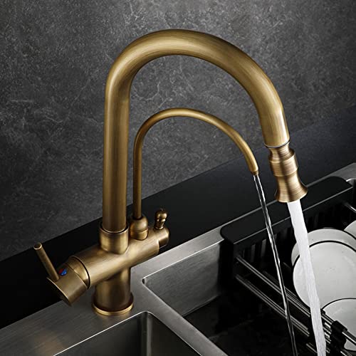 Antikmessing 3-Wege-Küchenarmatur – Zweigriff-Trinkwasserfilter für Warm- und Kaltwasser für optimale Filtration und stilvolles Design