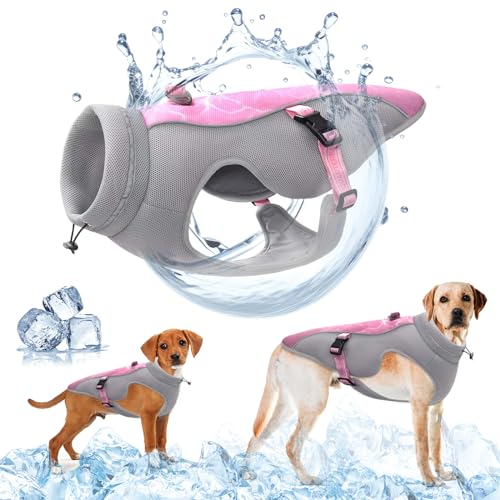 Verbesserte Hundekühlweste mit Geschirr D-Snap, Sonnenschutz für den Sommer beim Laufen - Reflektierende Streifen, atmungsaktives Mesh - Sportlicher Kühlmantel für kleine, mittlere und große Hunde, L