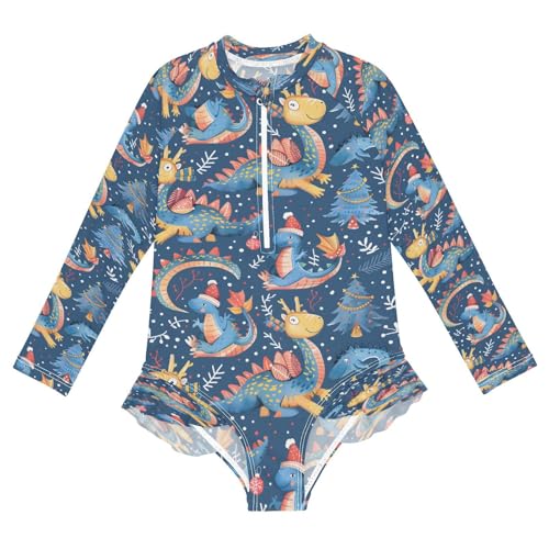 Christmas Cartoon Dragon Girls Long Sleeve Swimsuits One Piece Zipper Bathing Suit UPF 50+ Rashguard Swimwear