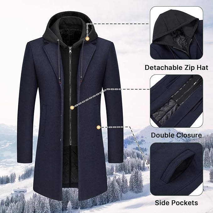 Lamgool Men's Winter Long Coat Wool Blend Single Breasted Overcoat With Removable Hood4