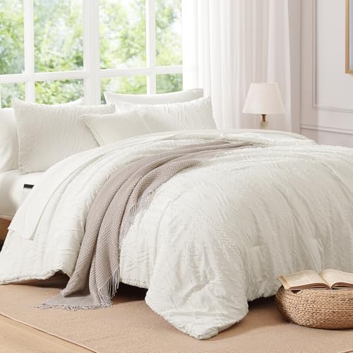 Image of AMBERSPACE King Size Comforter Set White, Tufted Boho Bedding Farmhouse Bed Set, All Season 7 Pieces Bed in a Bag with Sheets, Pillowcases & Shams