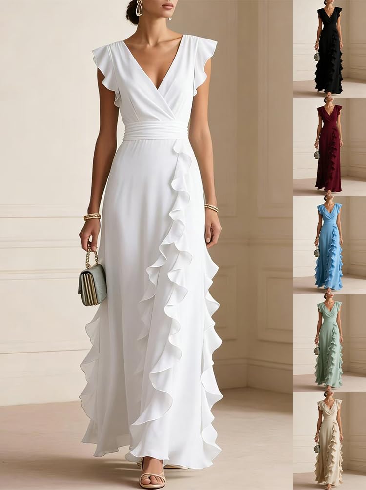 Minetom Robe de Soirée Femme Elegante Col en V Plissée Maxi Robes de Cocktail Cérémonie Mariage Longue