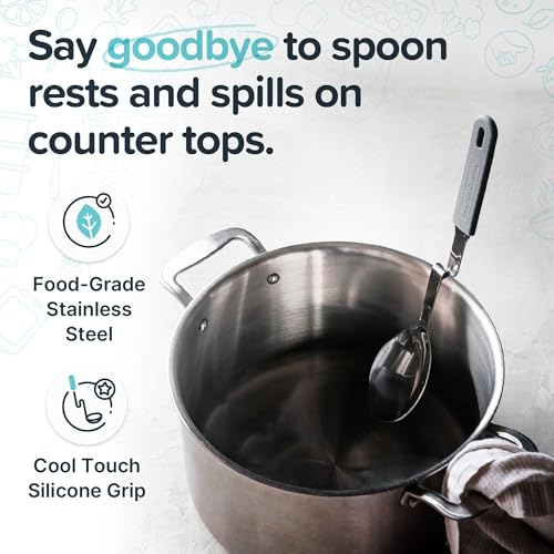 Souper Cubes + Lori Greiner No Mess Stainless Steel Cooking Spoon with Silicone Handle - Stainless Steel Serving Spoon No Mess Design Hooks on Side of Any Pot - Charcoal - Image 4