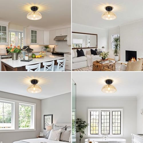 Image of JYZ Semi Flush Mount Ceiling Light, Black Ceiling Light Fixture with Ribbed Glass Shade, Vintage Light fixtures for Hallway, Entryway, Bathroom, Kitchen, Bedroom
