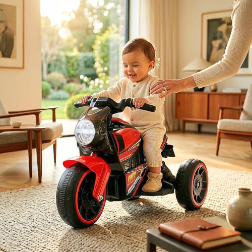Image of MEKASHI 6V Electric Ride-On Bike for Kids | Racing Red | Battery Operated Motorcycle with Bluetooth Music, LED Headlight, Foot Accelerator & Training Wheels | Ride-On Toy for Boys & Girls 1-4 Years
