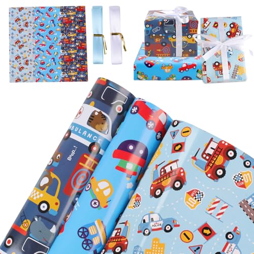 Geschenkpapier Junge Fahrzeug, 3 Blatt Cartoon Geschenkpapier Kinder 51 * 75 cm, Baustelle Geburtstagspapier Set Auto Bagger, Geschenke Wrapping Paper für Kindergeburtstag Party (Blau)
