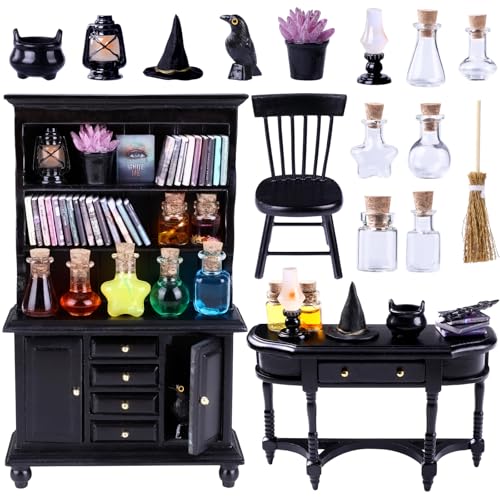 Celltestria 56 Pcs Halloween Miniatures Decorations 1:12 Scale Magic House Accessories Mini Wooden Bookshelf Furniture Set Tiny Sorcery Bottles Books Desk Chair Witch Hat Dollhouse Decor