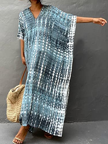 Image of Kaftan Dresses for Women Plus Size Summer Beach Dress with Print and Swim Cover Ups Blue Grey