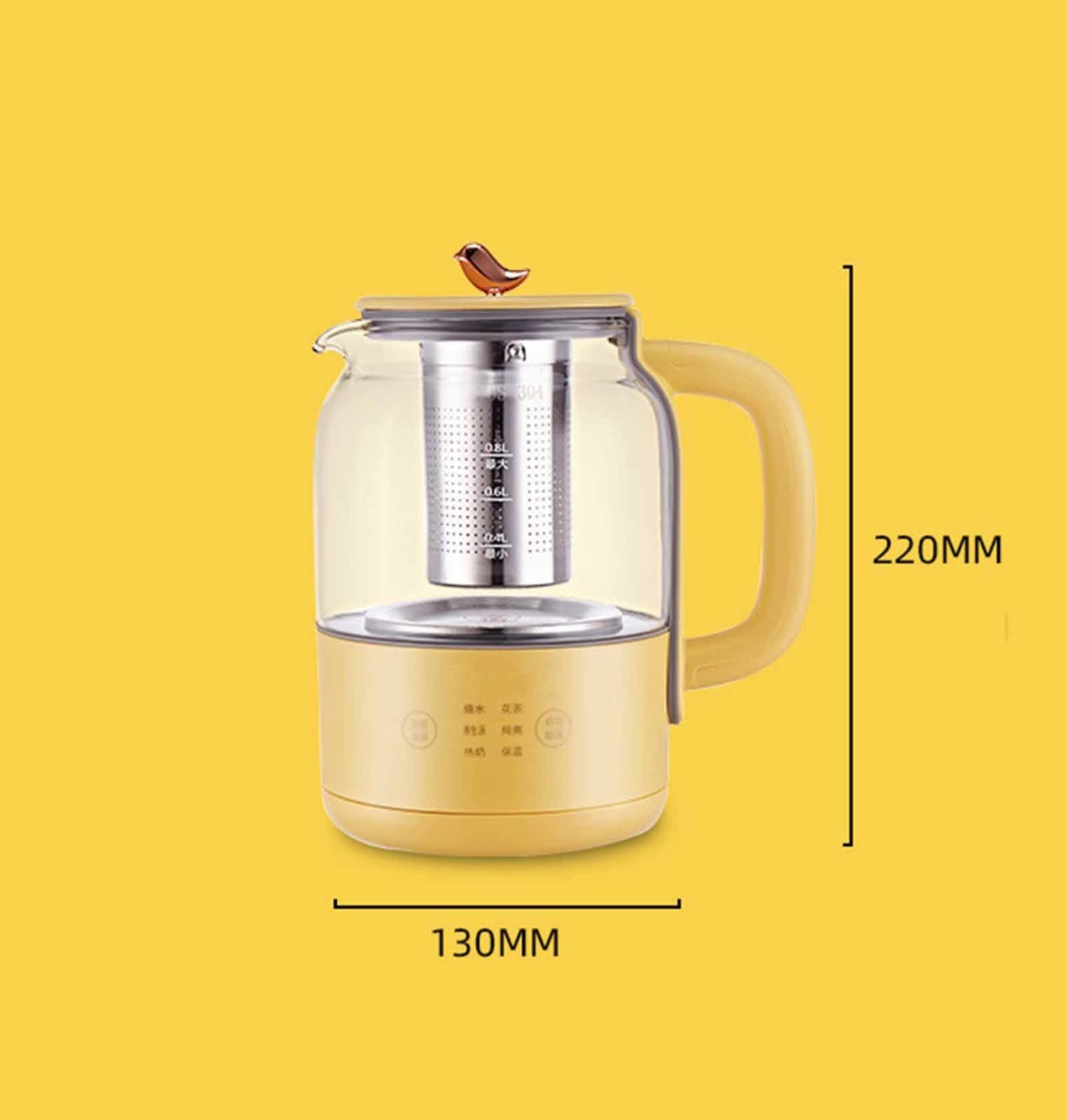 czajnik szklany, Health Pot Mini czajnik elektryczny Czajnik ze stali nierdzewnej o wysokiej zawartości szkła borokrzemianowego z regulacją temperatury 6 głównych funkcji A, 800ML