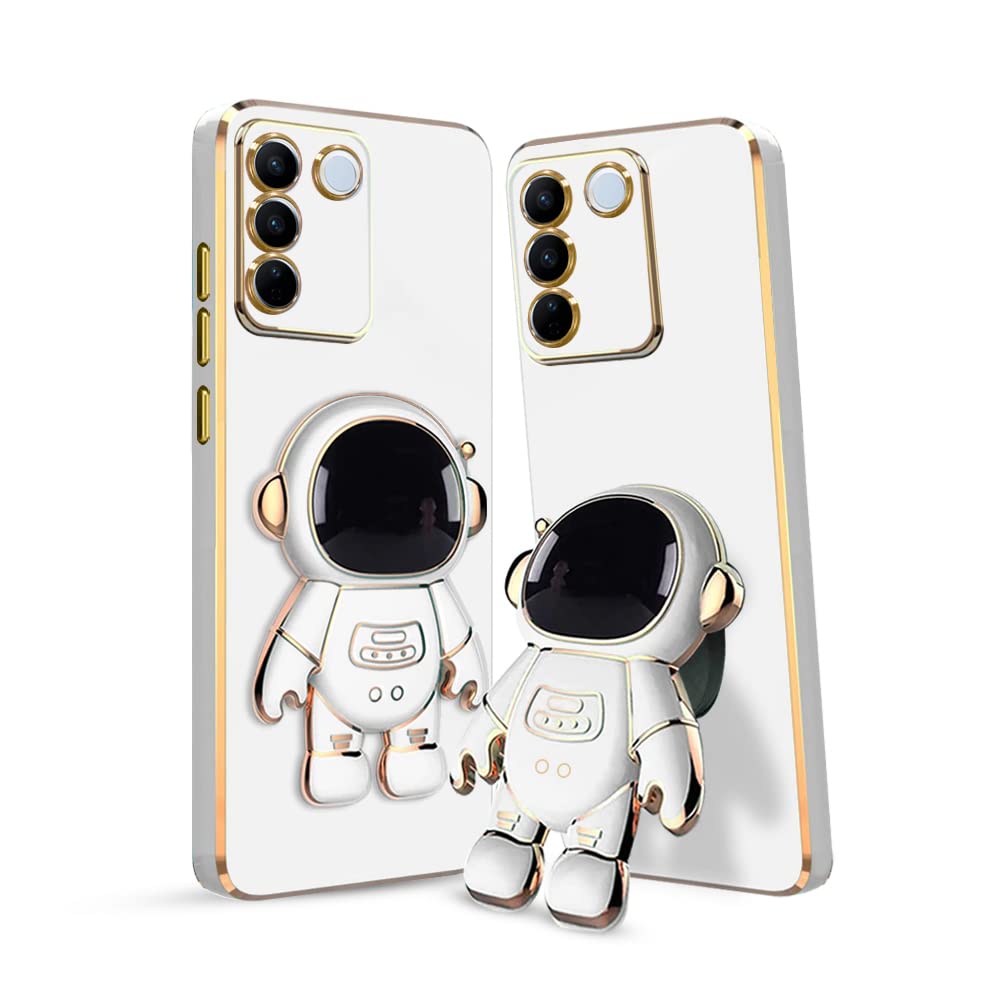 KARWAN3D Astronaut with Folding Stand Back Cover Case Compatible for Vivo V27 5G | Slim electroplated case | Stand case | Soft TPU | Space Astro Theme | Camera Protection-White
