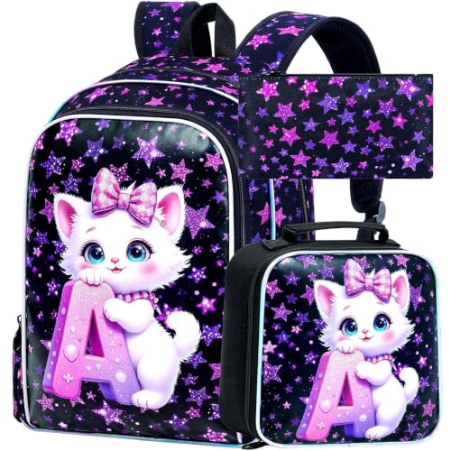 Image of CCJPX 16 inch Cat Backpack for School, 3Pcs Girls Kids Bookbag with Lunch Box, Water Resistant Elementary School Bag for Kindergarten Preschool Toddler (Black)