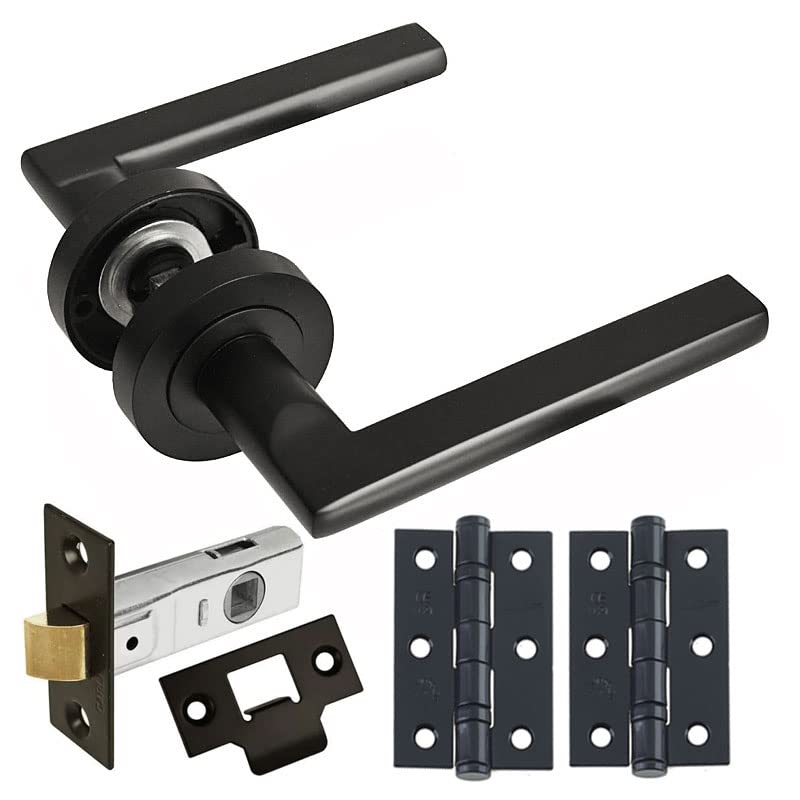 HANDLESTORE Straight Lever on Rose Door Handle - Matt Black Door Handles - Latch, Lock or Bathroom - 3 inch Hinges and 63mm (Latch Pack)