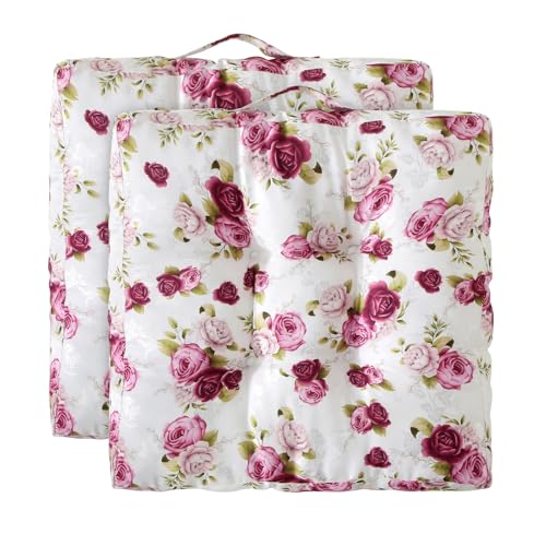 wometo 2er Set Sitzkissen Bodenkissen 40x40 8cm hoch Oeko-TEX - Landhaus Rosen-Motiv rosa pink weiß mit Tragegriff für Indoor und Outdoor