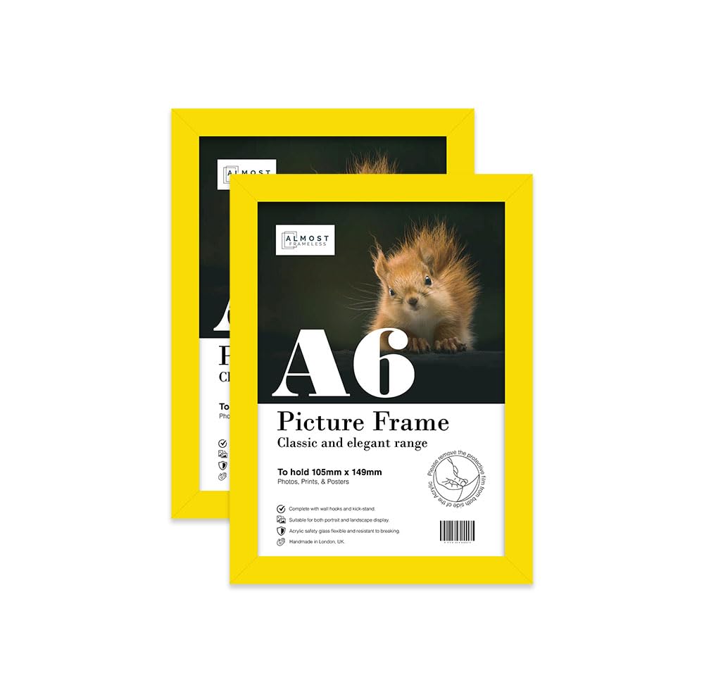 Almost Frameless A6 Yellow Picture Frame Set of 2, Display A6 Picture Gallery Wall, Poster, Photo, Artwork, or Print, Yellow