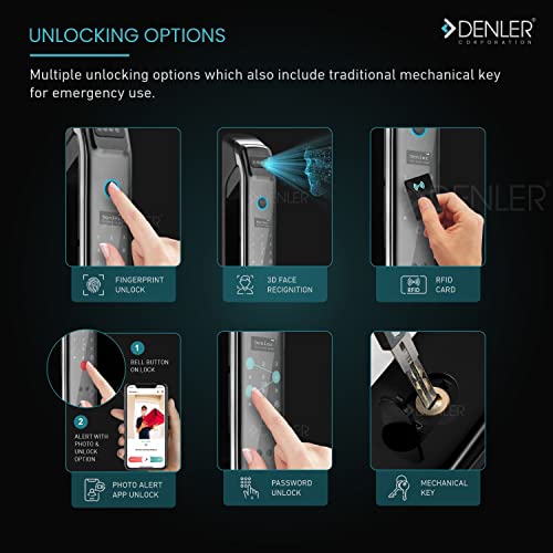 Image of Denler Doorbell Lock | Smart Door Lock with | Inbuilt Wi-Fi | Anroid & iPhone app Support | Fingerprint | RFID Card | PIN | Key | 3 Years Warranty