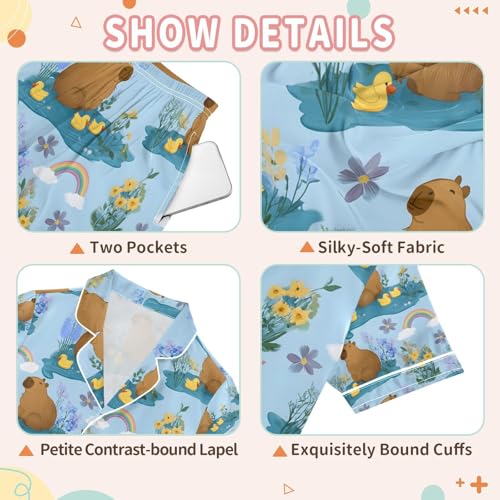 senya Duck Capybara on Pond Satin Summer Pajama Sets Silk Short Sleeve Button Down Sleepwear3