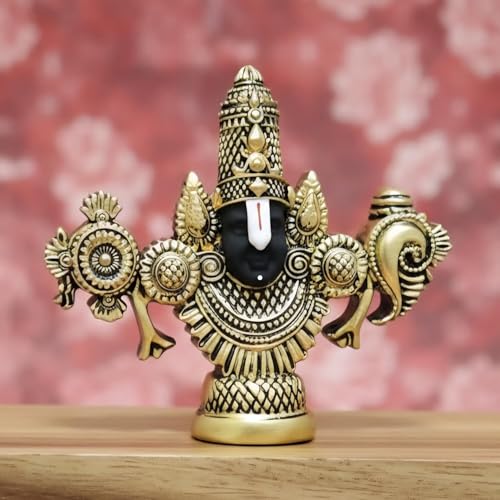 Image of ARNAVIRA Lord Balaji Face Idol | 4.2 x 3.5 Inch Gold Plated Venkateswara Face Murti for Pooja Room | Car Dashboard | Gifting | Home Temple Decor