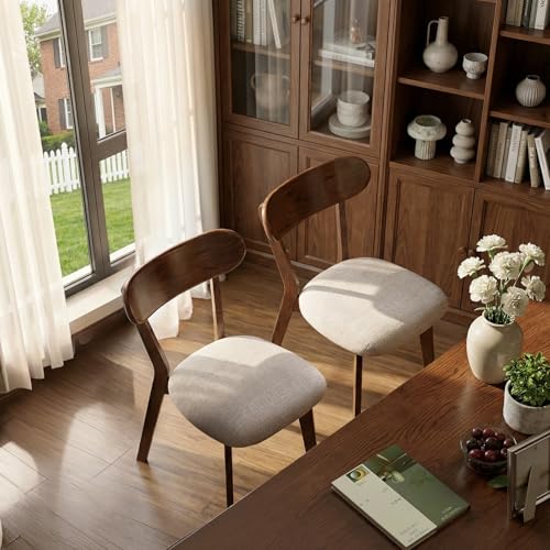 Image of 100% Solid Wood Dining Chairs,Mid Century Modern Dining Chairs with Rounded Backrest,Kitchen,Dining Room Chairs Set of 1 /2 /4 (2, Walnut Color Grey Upholstery)