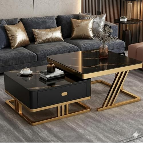 Image of Two Square Stacking Nesting Coffee Tables with Metal Frames, Wooden Tops, and Handcrafted Drawers Contemporary Centre Couch Table for Living Rooms Bedrooms, & Apartments (G Blk)