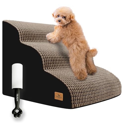 Dog Srairs for Small Dogs, 3-Step Dog Stairs for High Beds and Couch, Foam Dog Ramp with Durable Non-Slip Waterproof Fabric Cover, Brown Pet Stairs for Pets Joints
