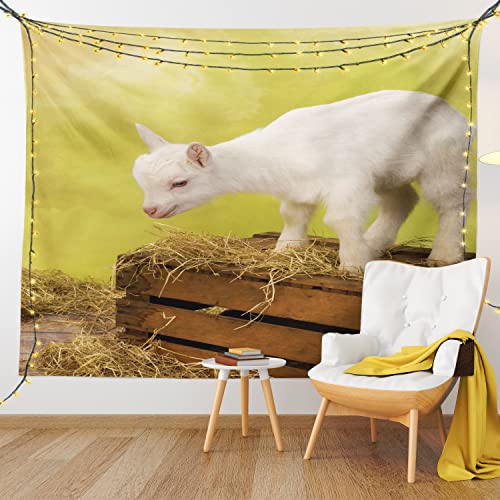 Lunarable Goat Tapestry Twin Size, Rustic Inspirations In Baby Goat Photograph With Hay And Vintage Crate, Wall Hanging Bedspread Bed Cover Wall Decor, Twin Size, Yellow Green #TOP30