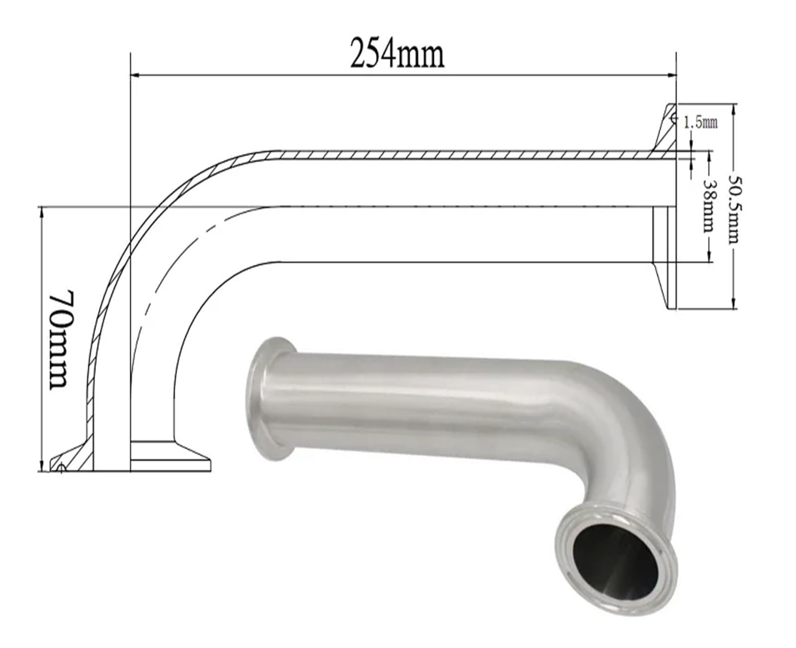 6" 8" 10" 12" 18" Length x 25 32 38 51mm 1.5" 2" Tri Clamp Spool Tube Elbow SUS304 316L Stainless Pipe Fitting(38K50.5-254,304)