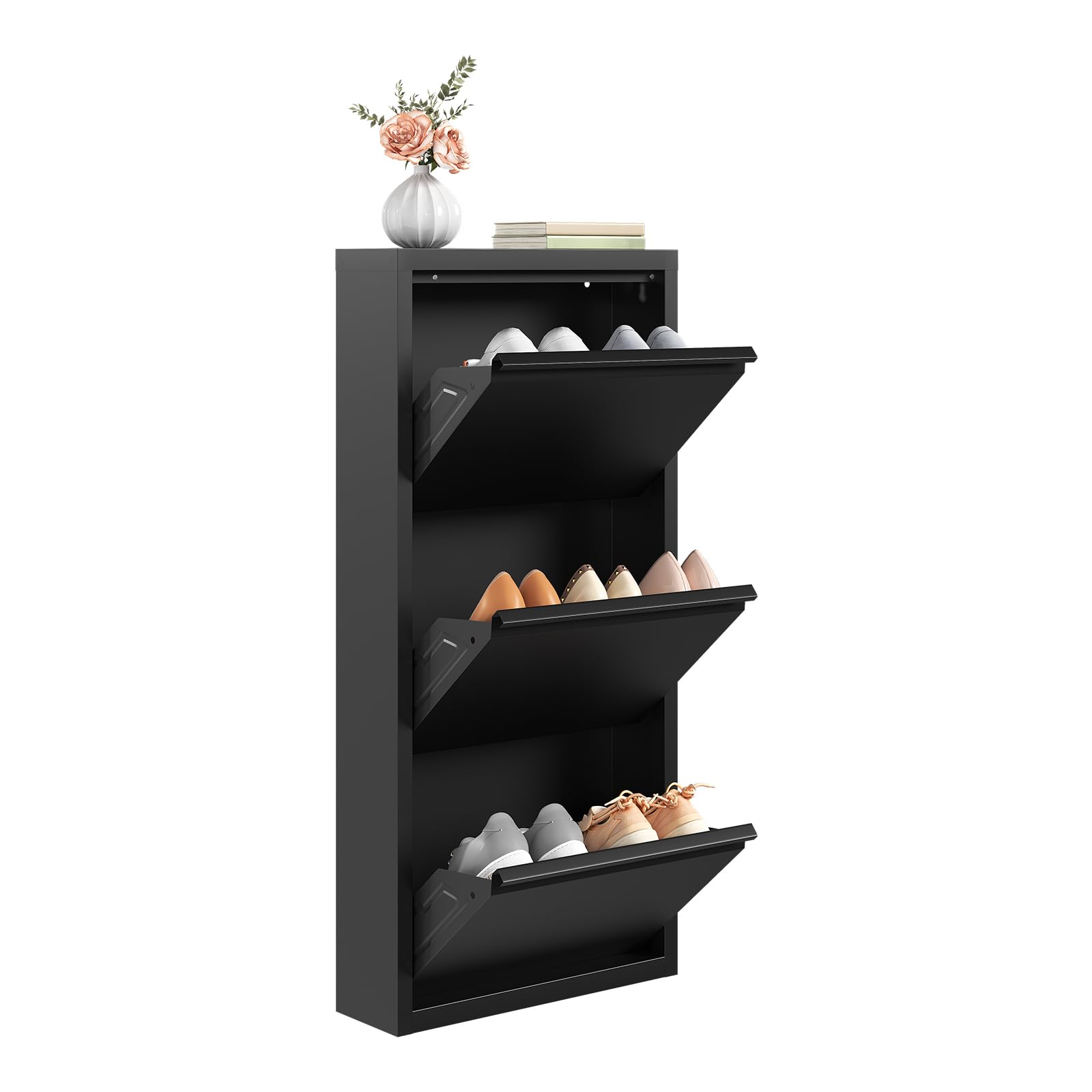 WOLTU Schuhschrank, mit 3 Klappen, Schuhregal, Schuhkipper, für 6-9 Paar Schuhe, aus Metall, für Flur Wohnzimmer, 50x106x15 cm, Schwarz