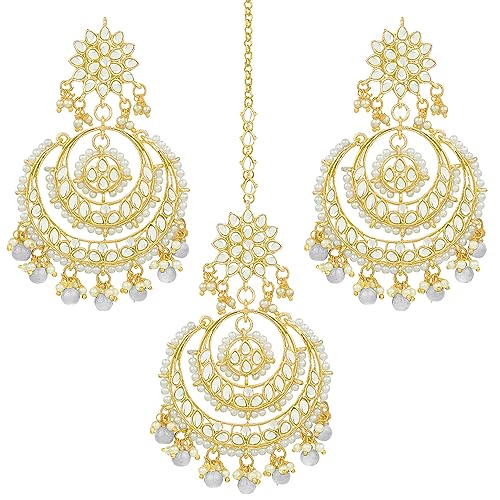 Image of Peora Traditional Jewellery Rhodium Kundan & Pearl Maang Tikka Earring Set for Women Girls